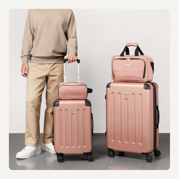Amazon Basics 4-Piece Luggage Set, Two Hardside Suitcases, 28-22-15-10 Rose Gold